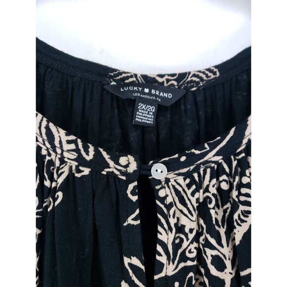 Lucky Brand Womens 2X Black & Beige Floral Print Cotton Blouse With 3/4 Sleeves - Picture 4 of 7